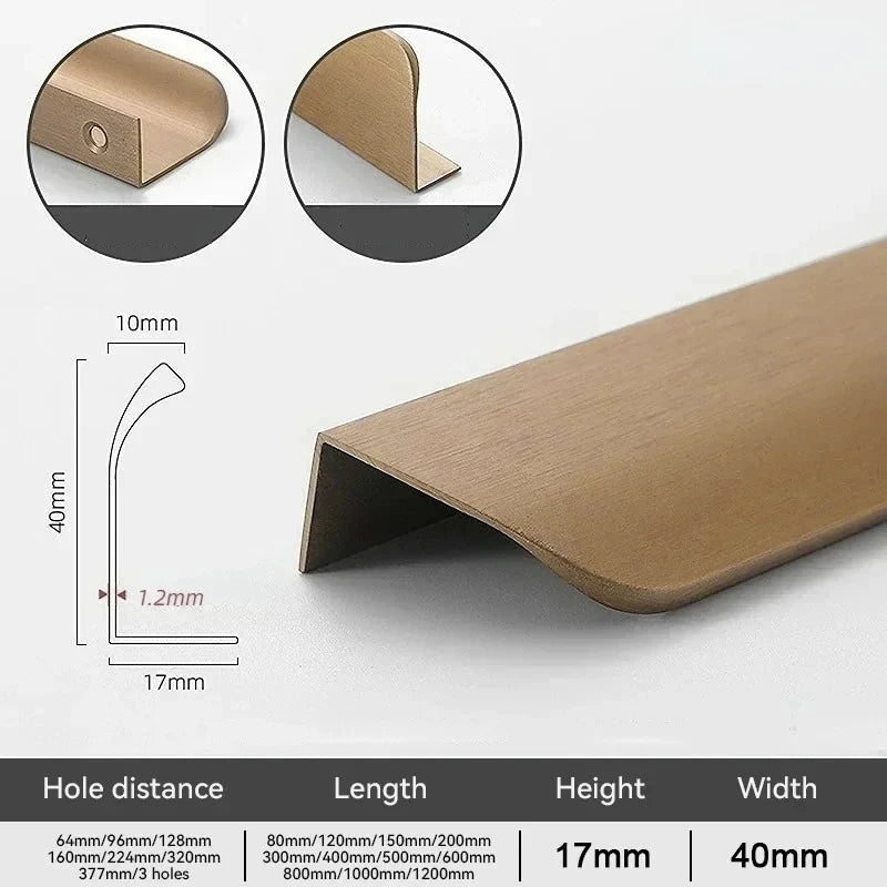 Bronze hidden edge pull profile with dimensions and hole distance details on a white background.