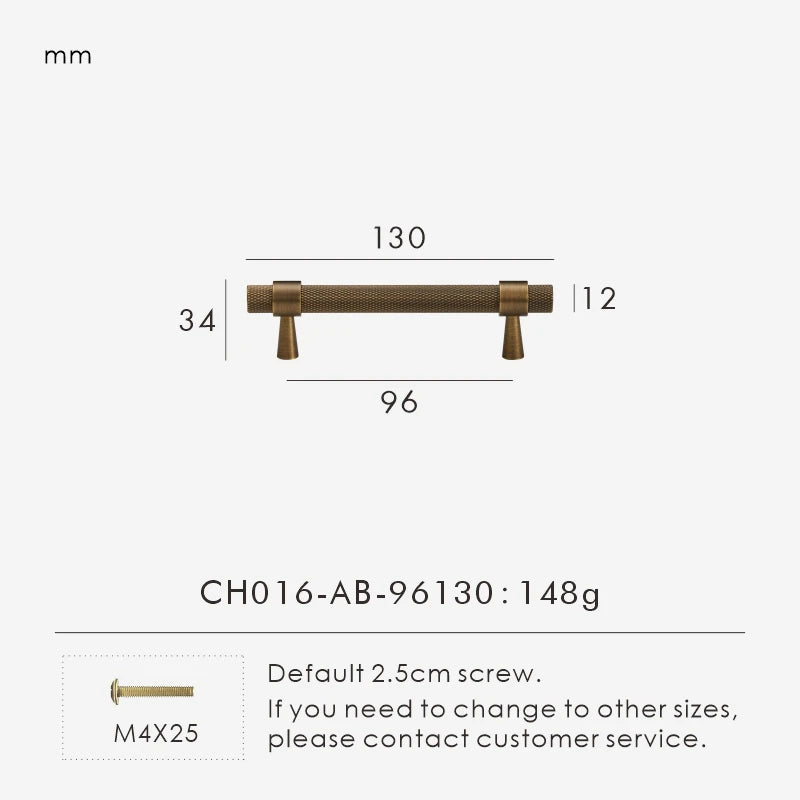 Measurement chart of a bronze knurled cabinet handle 130mm with dimensions and weight on a white background.