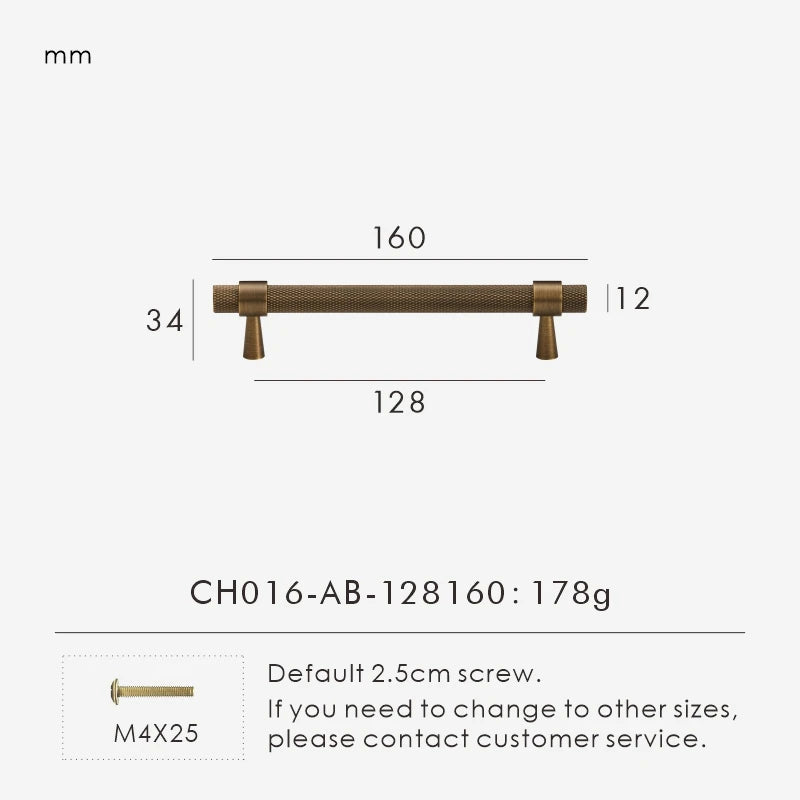 Measurement chart of a bronze knurled cabinet handle 160mm with dimensions and weight on a white background.