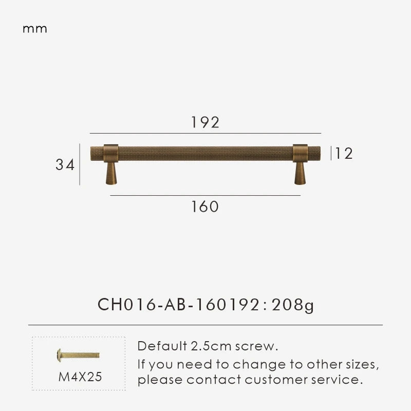Measurement chart of a bronze knurled cabinet handle 192mm with dimensions and weight on a white background.