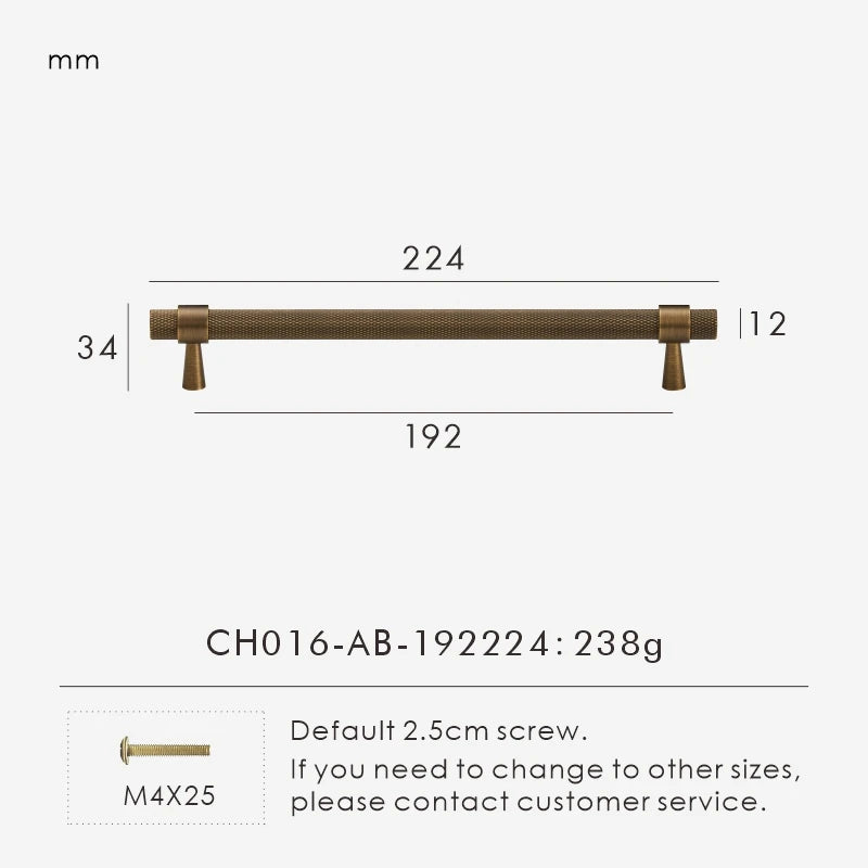 Measurement chart of a bronze knurled cabinet handle 224mm with dimensions and weight on a white background.
