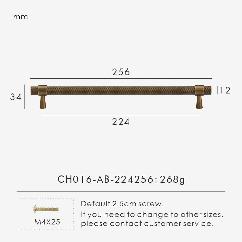Measurement chart of a bronze knurled cabinet handle 256mm with dimensions and weight on a white background.