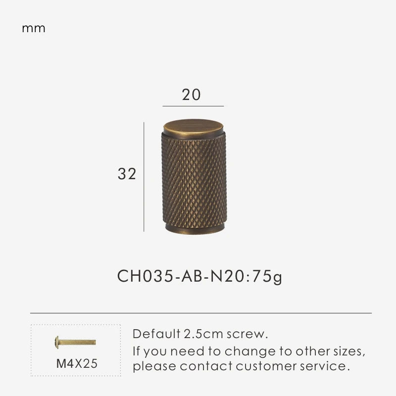 Measurement chart of a bronze knurled cabinet knob 20mm with dimensions and weight on a white background.