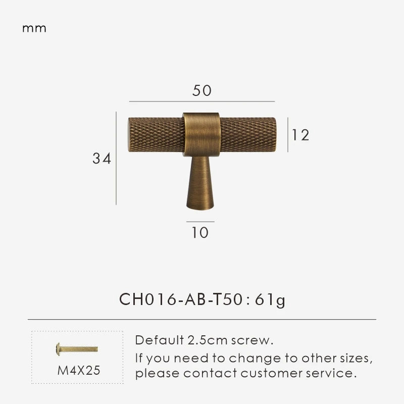 Measurement chart of a bronze knurled cabinet t-bar 50mm with dimensions and weight on a white background.