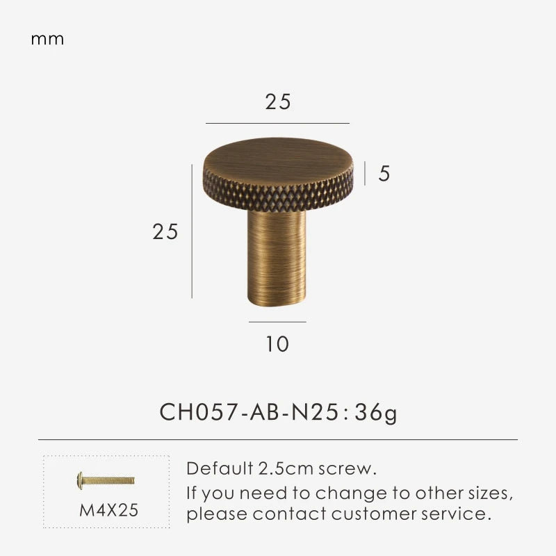 Bronze matte antique knob 25mm with measurements and product details on a white background.