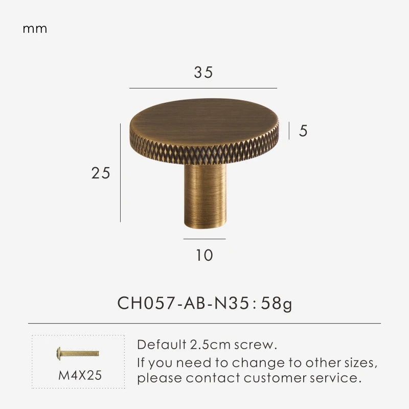Bronze matte antique knob 35 mm with measurements and product details on a white background.