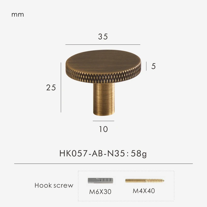 Bronze matte antique knob 35mm with measurements and product details on a white background.