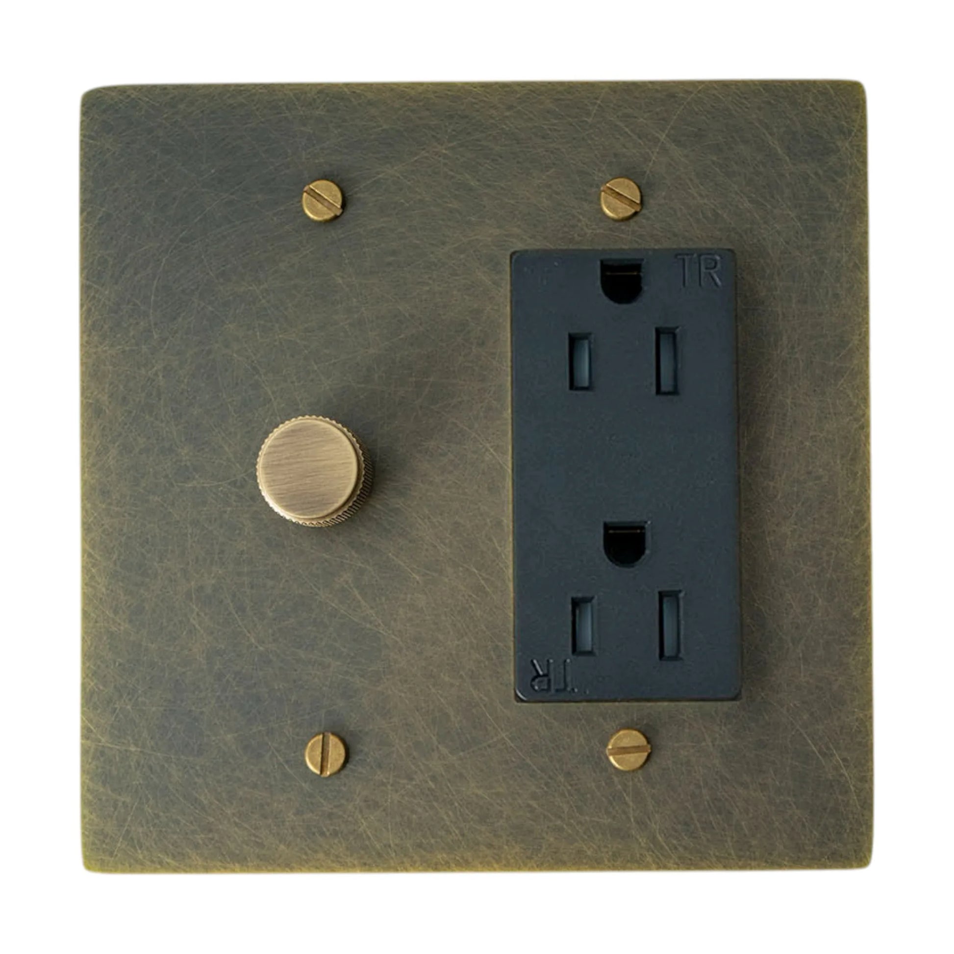 Decorative wall plate with a black outlet and rotary dimmer on a white background