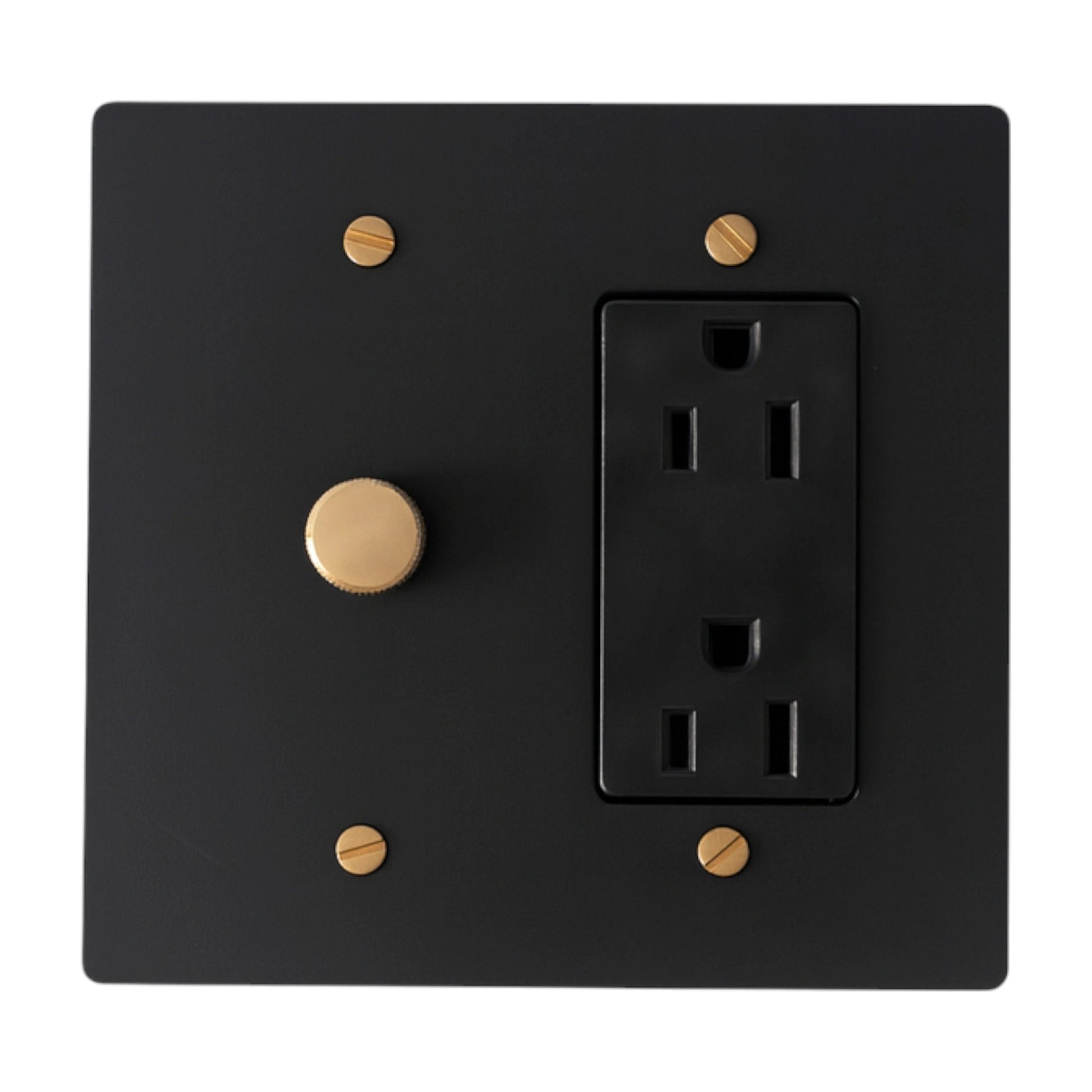 Black wall plate with a single electrical outlet and round dimmer switch on a white background