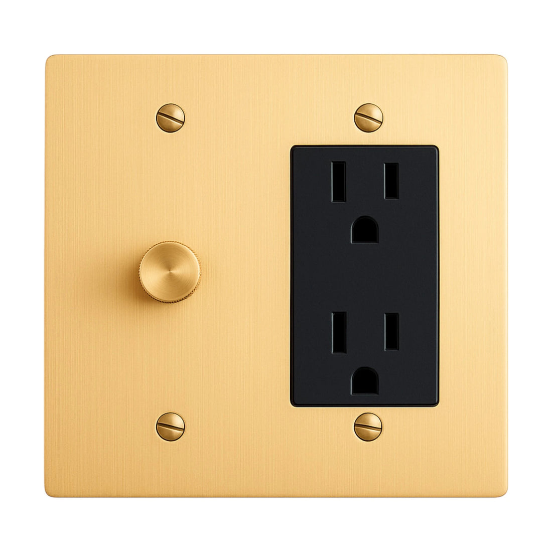 Brass wall plate with black electrical outlet and rotary dimmer on a white background
