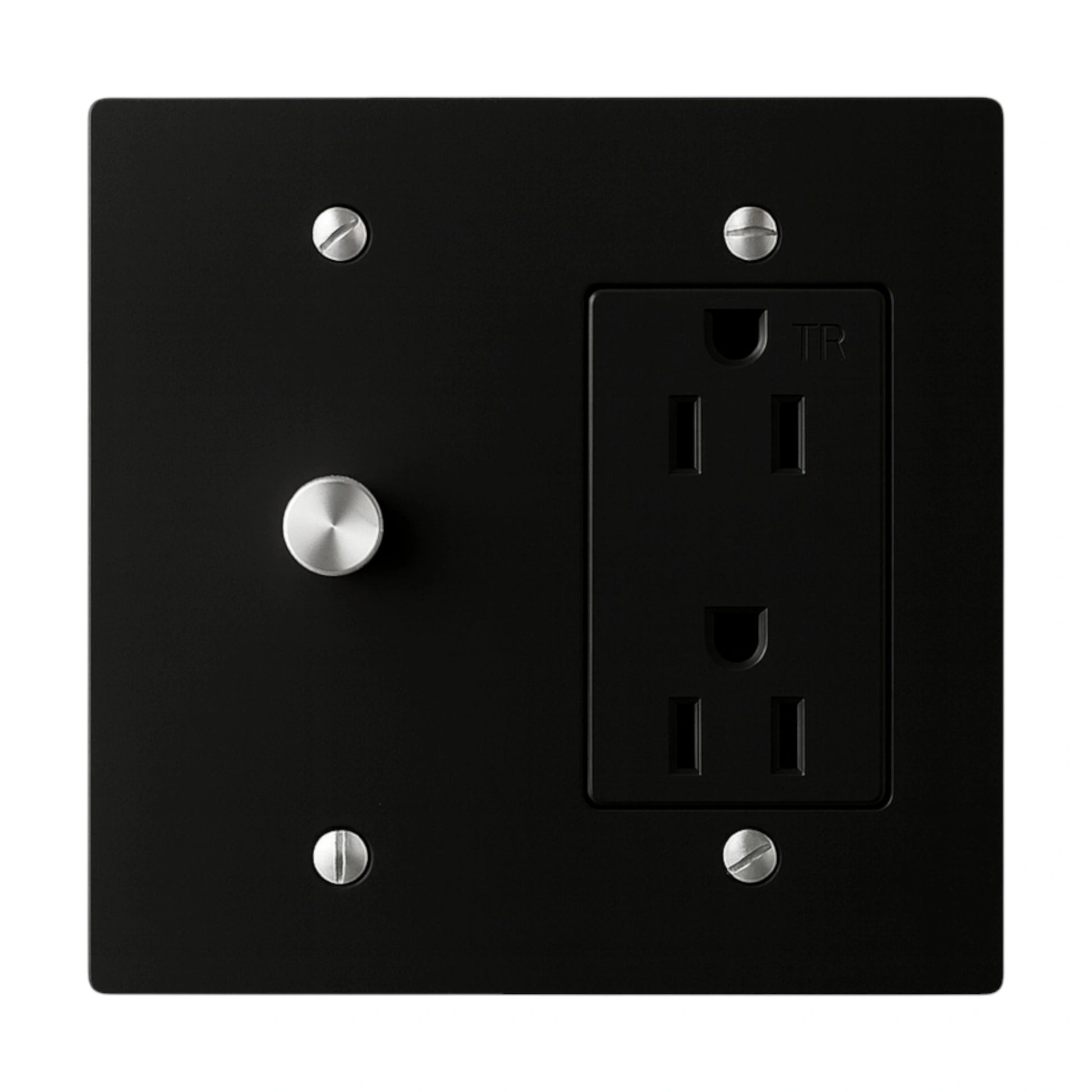 Black wall plate with a standard electrical outlet and dimmer on a white background