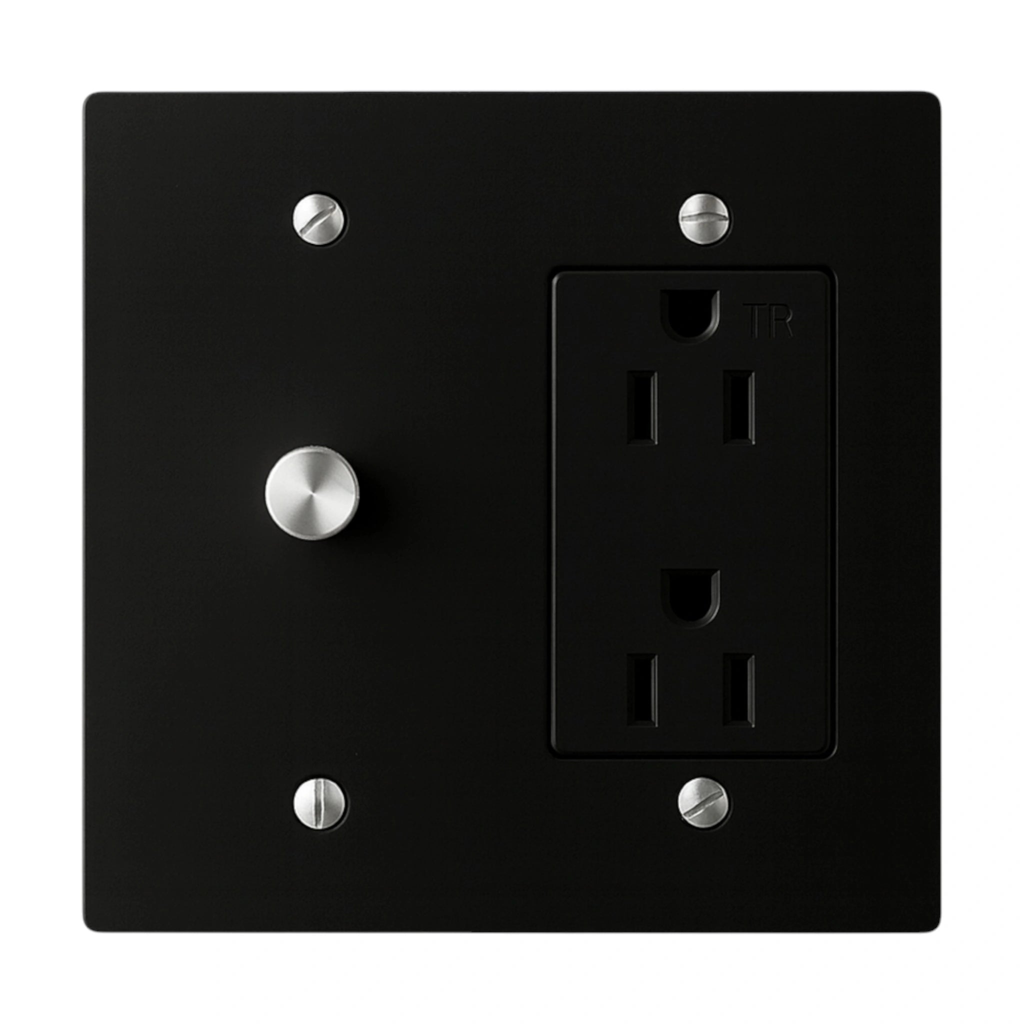 Black wall plate with a standard electrical outlet and dimmer on a white background