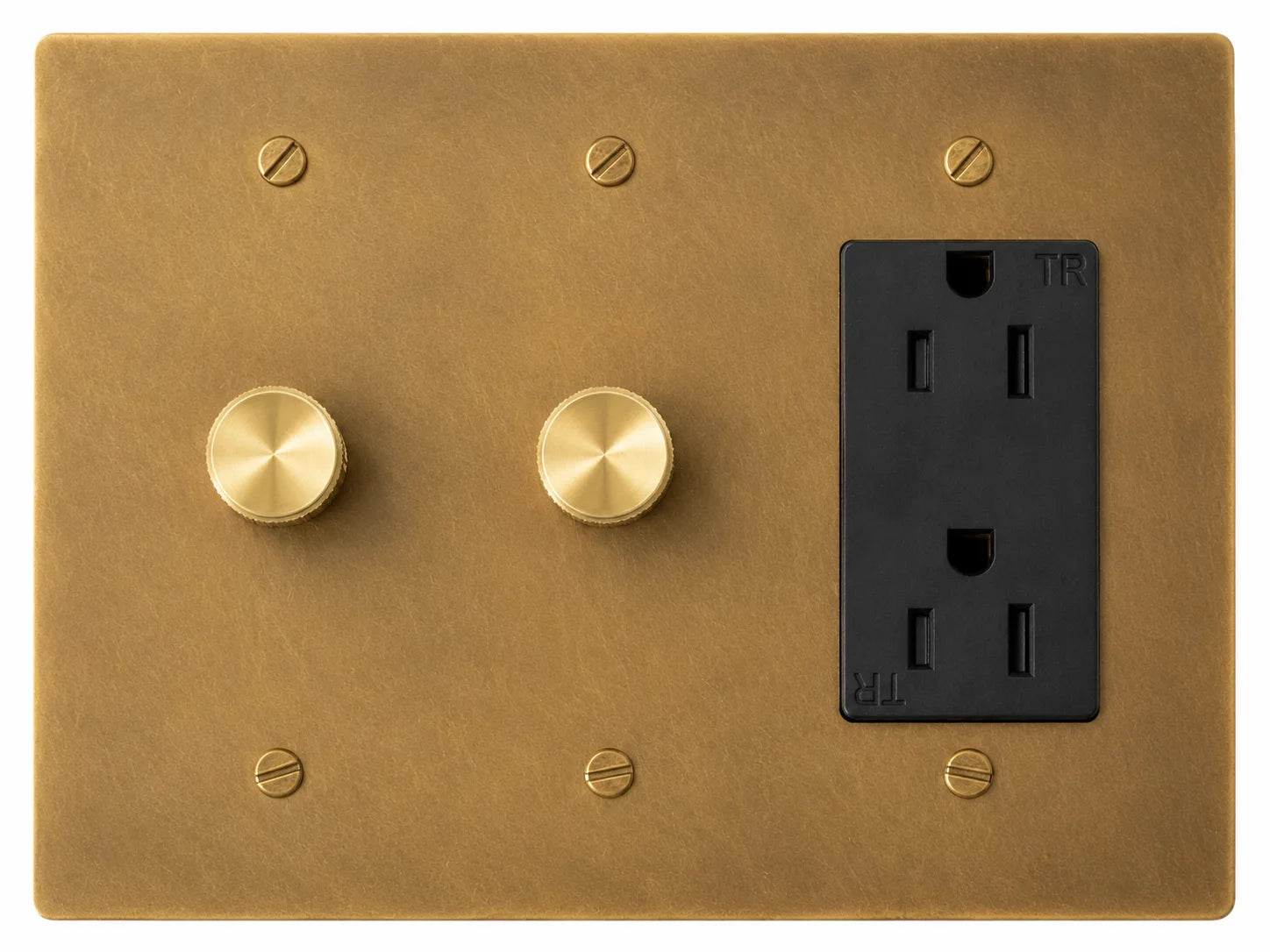 OB Double Dimmer and Outlet - 3 Gang Unlacquered Antique Brass (Hand-Brushed) (Copy) (Copy)