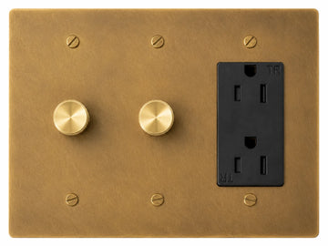 OB Double Dimmer and Outlet - 3 Gang Unlacquered Antique Brass (Hand-Brushed) (Copy) (Copy)