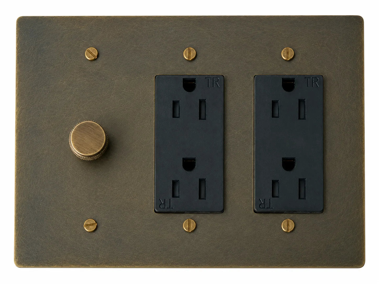 OB Dimmer and Double Outlet - 3 Gang Aged Bronze