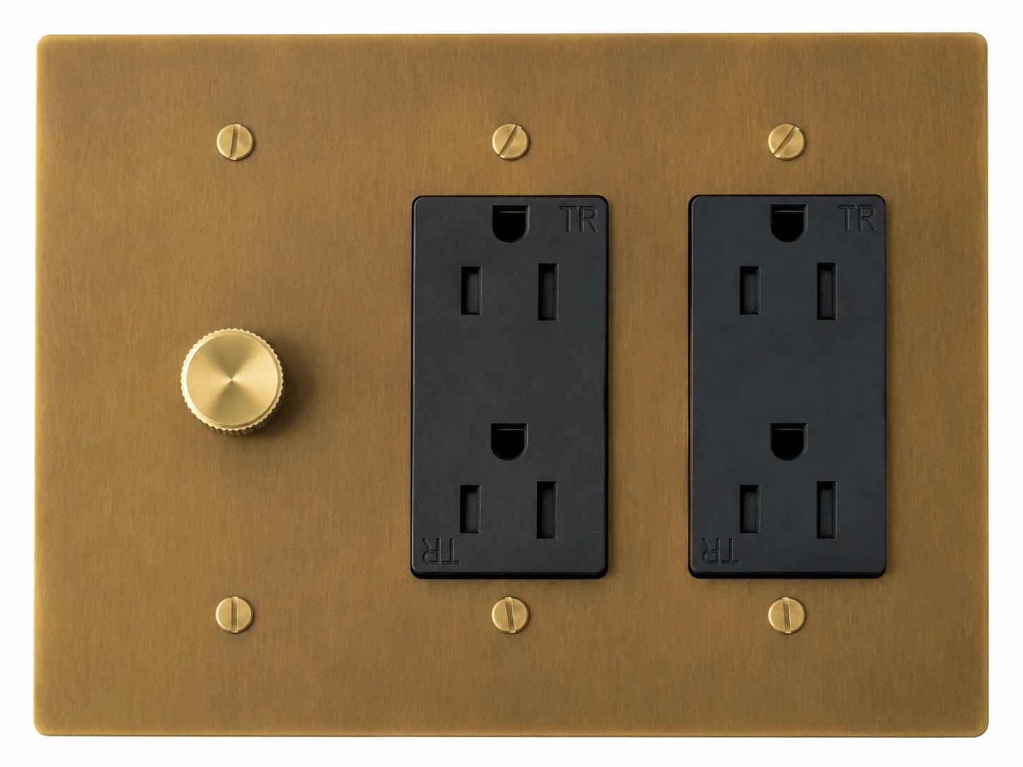 OB Dimmer and Double Outlet Combo - 3 Gang Unlacquered Antique Brass (Hand-Brushed)
