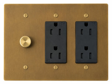 OB Dimmer and Double Outlet Combo - 3 Gang Unlacquered Antique Brass (Hand-Brushed)