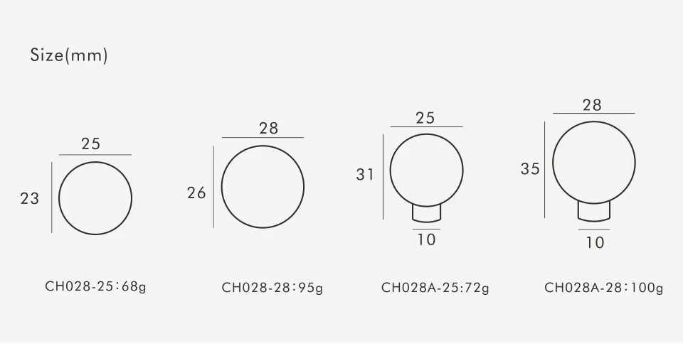 Diagram showing different sizes of round ball knobs with measurements and weights.