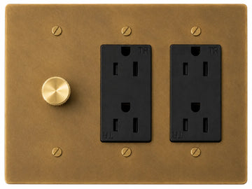 OB Dimmer and Double Outlet - 3 Gang Unlacquered Antique Brass (Hand-Brushed)