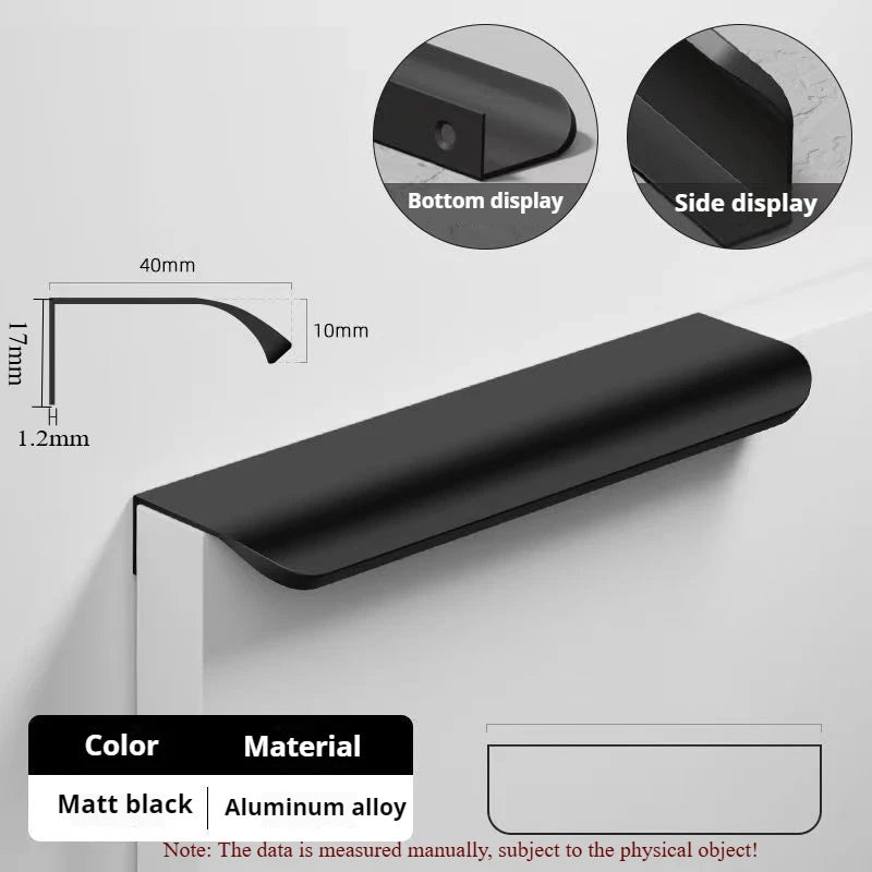 Display chart for a black aluminum edge pull handle with dimensions.