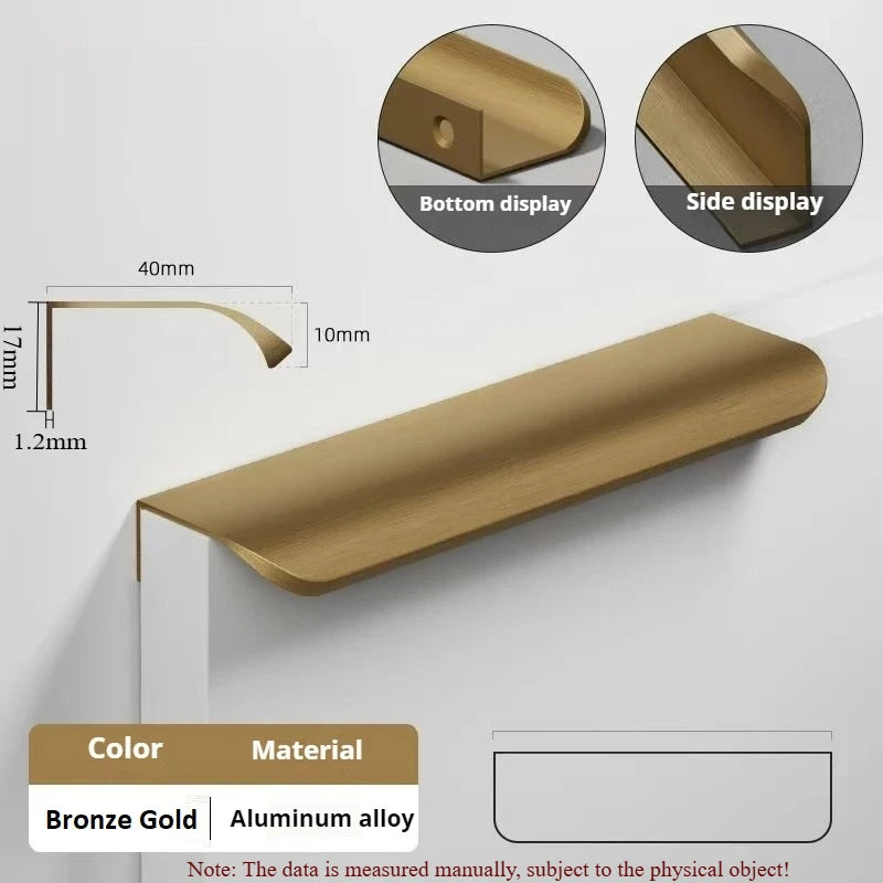 Display chart for a bronze aluminum edge pull handle with dimensions.