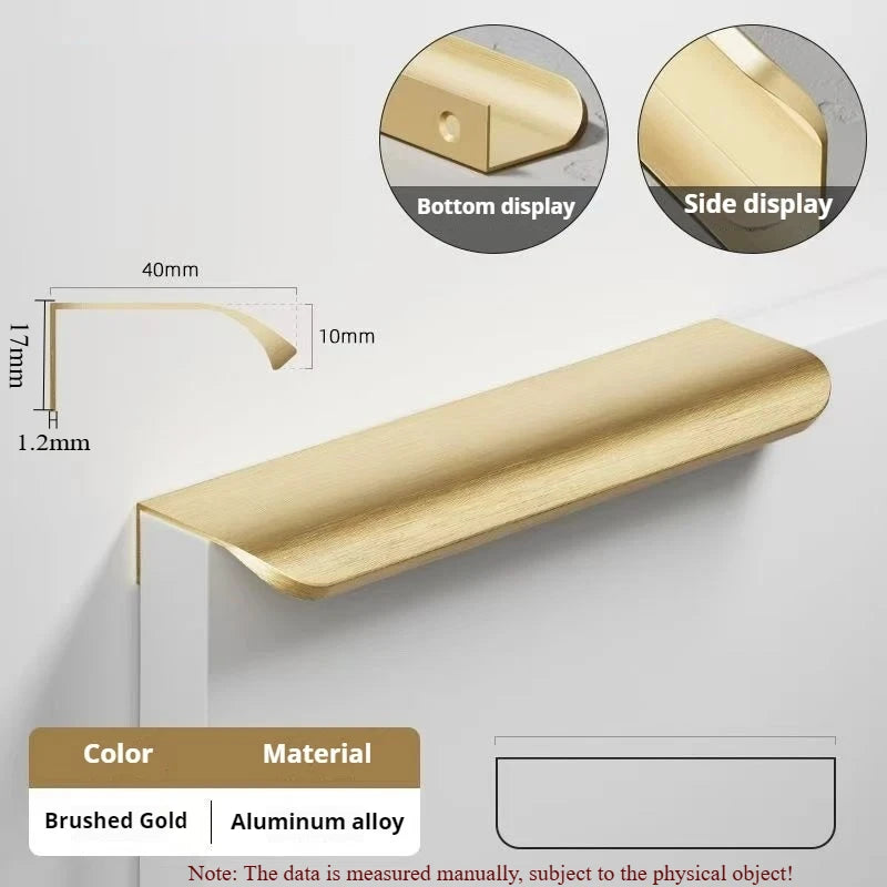 Display chart for a gold aluminum edge pull handle with dimensions.