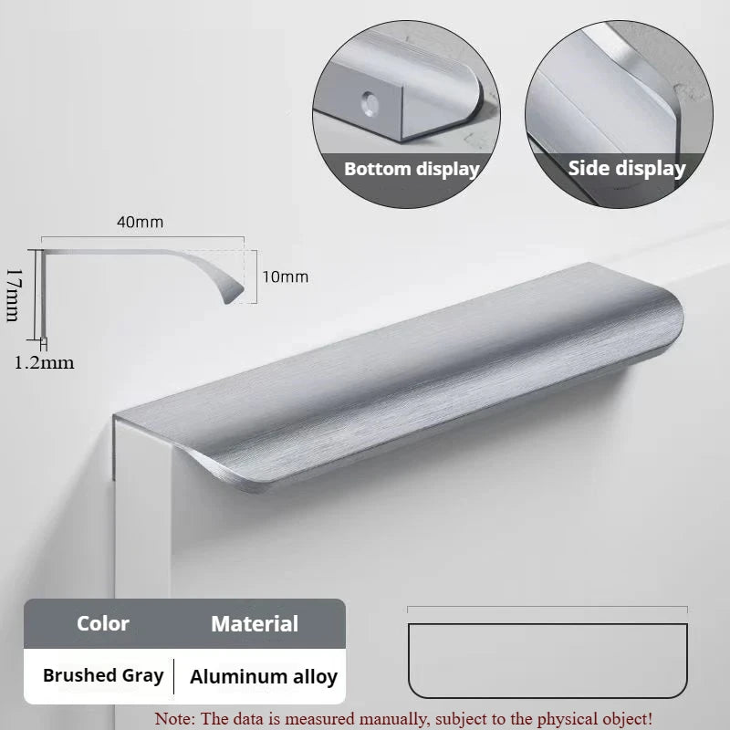 Display chart for a grey aluminum edge pull handle with dimensions.