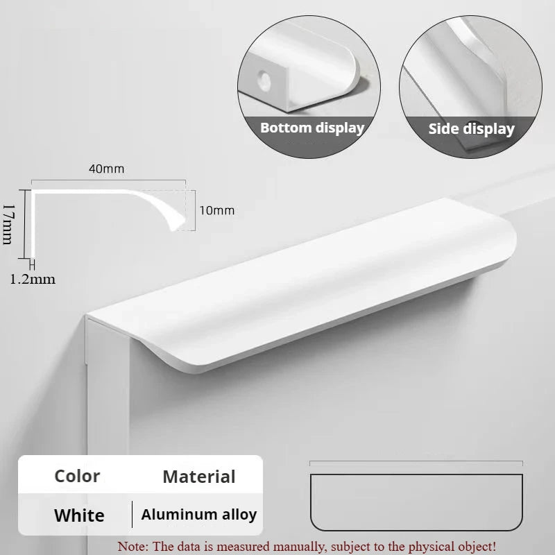 Display chart for a white aluminum edge pull handle with dimensions.