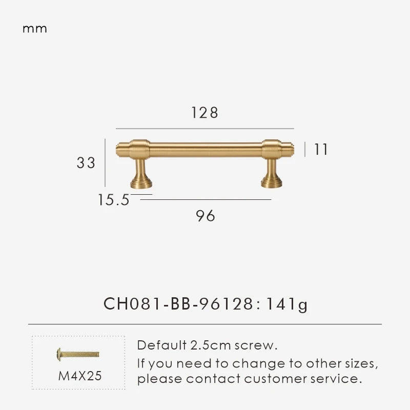 Measurement chart for a solid brass European luxury design gold handle 128 mm with dimensions and weight information.
