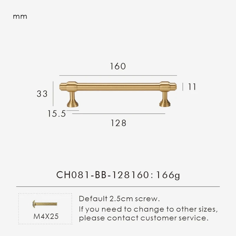 Measurement chart for a solid brass European luxury design gold handle 160 mm with dimensions and weight information.