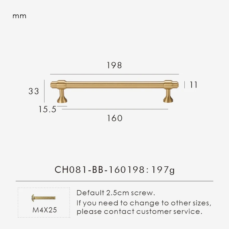 Measurement chart for a solid brass European luxury design gold handle 198 mm with dimensions and weight information.