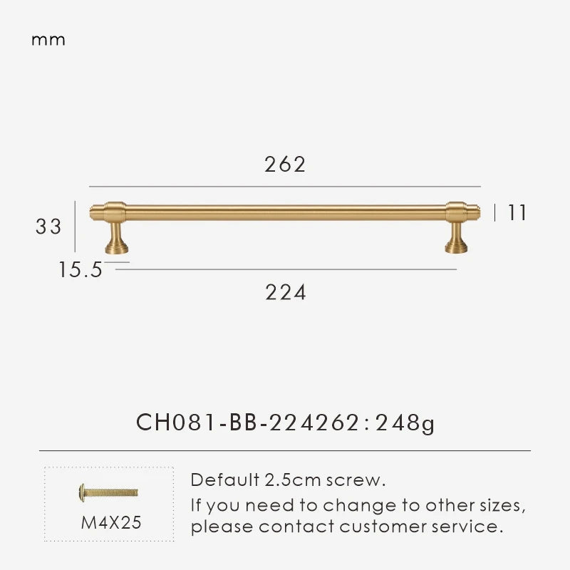 Measurement chart for a solid brass European luxury design gold handle 262 mm with dimensions and weight information.