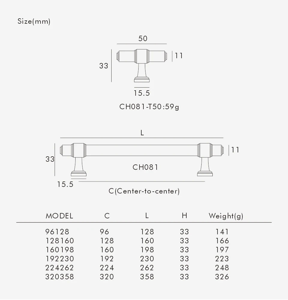 Technical drawing and dimensions of a solid brass European luxury design gold handle and t-bar on a white background.