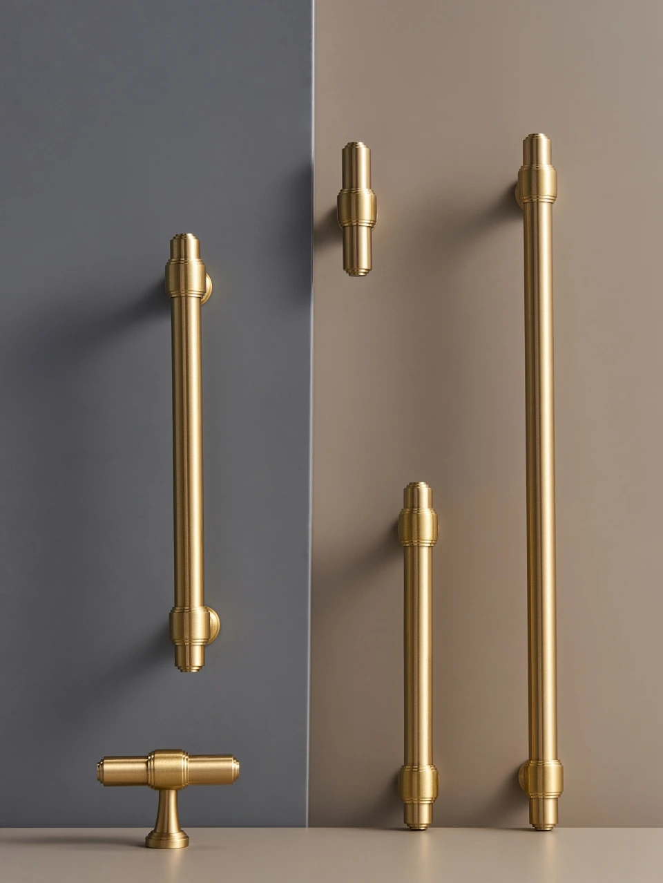 Set of solid brass European luxury design gold handles and knobs on a grey and beige background.