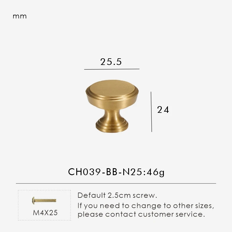 Measurement chart for a solid brass European luxury design gold knob 25.5 mm with dimensions and weight information.