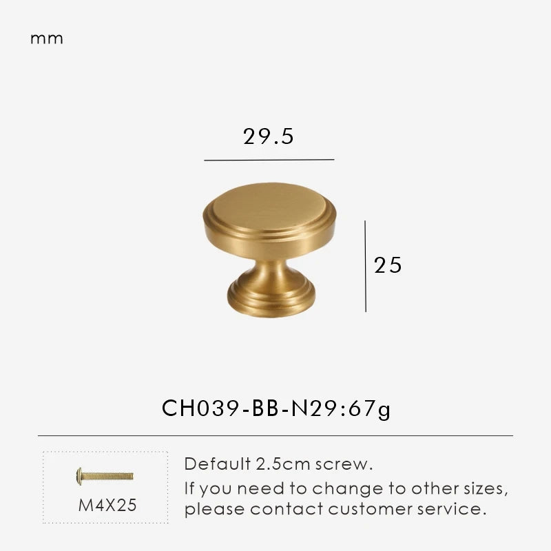 Measurement chart for a solid brass European luxury design gold knob 29.5 mm with dimensions and weight information.