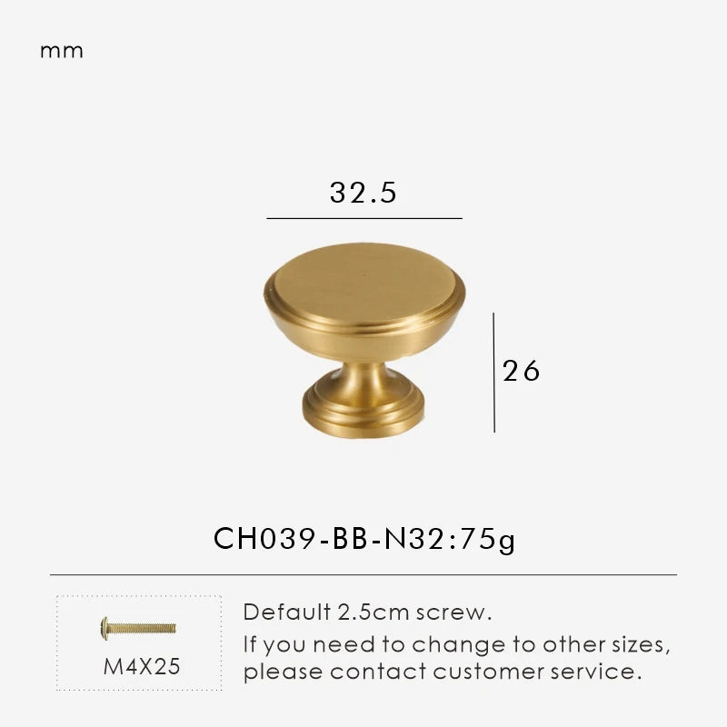 Measurement chart for a solid brass European luxury design gold knob 32.5 mm with dimensions and weight information.