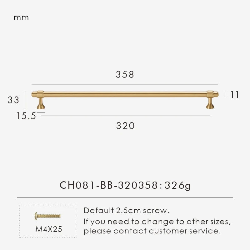 Measurement chart for a solid brass European luxury design gold pull handle 358 mm with dimensions and weight information.
