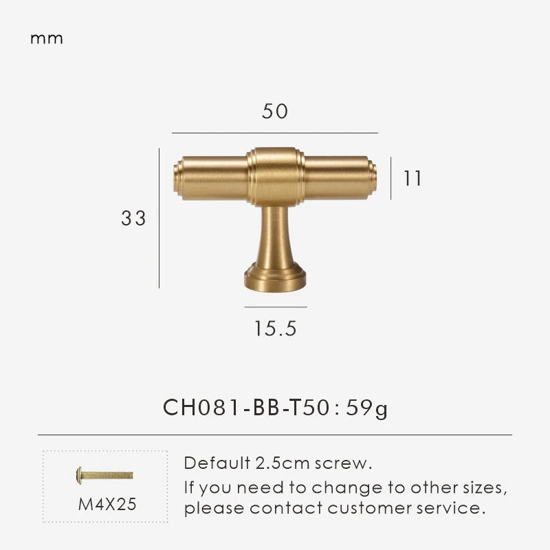 Measurement chart for a solid brass European luxury design gold t-bar 50 mm with dimensions and weight information.