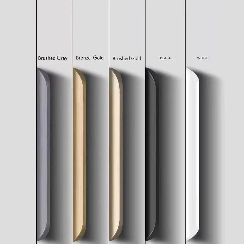 Five invisible aluminum edge pulls in different colors labeled 'Brushed Gray', 'Bronze Gold', 'Brushed Gold', 'Black', and 'White' on a gray background.