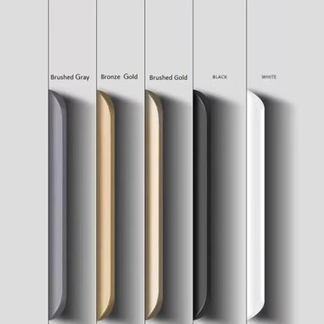 Five invisible aluminum edge pulls in different colors labeled 'Brushed Gray', 'Bronze Gold', 'Brushed Gold', 'Black', and 'White' on a gray background.