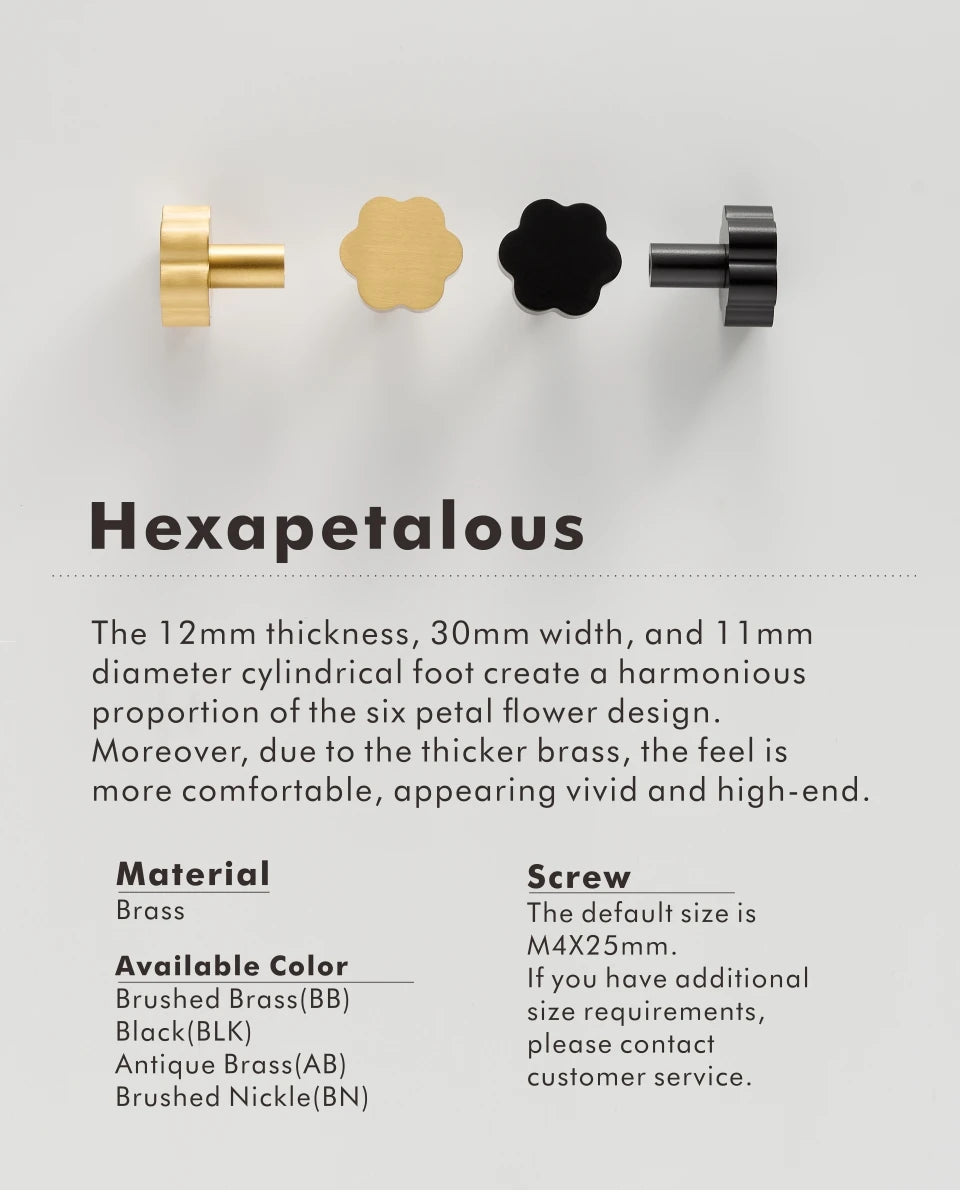 Four brass gold flower cabinet knobs with specifications on a white background.