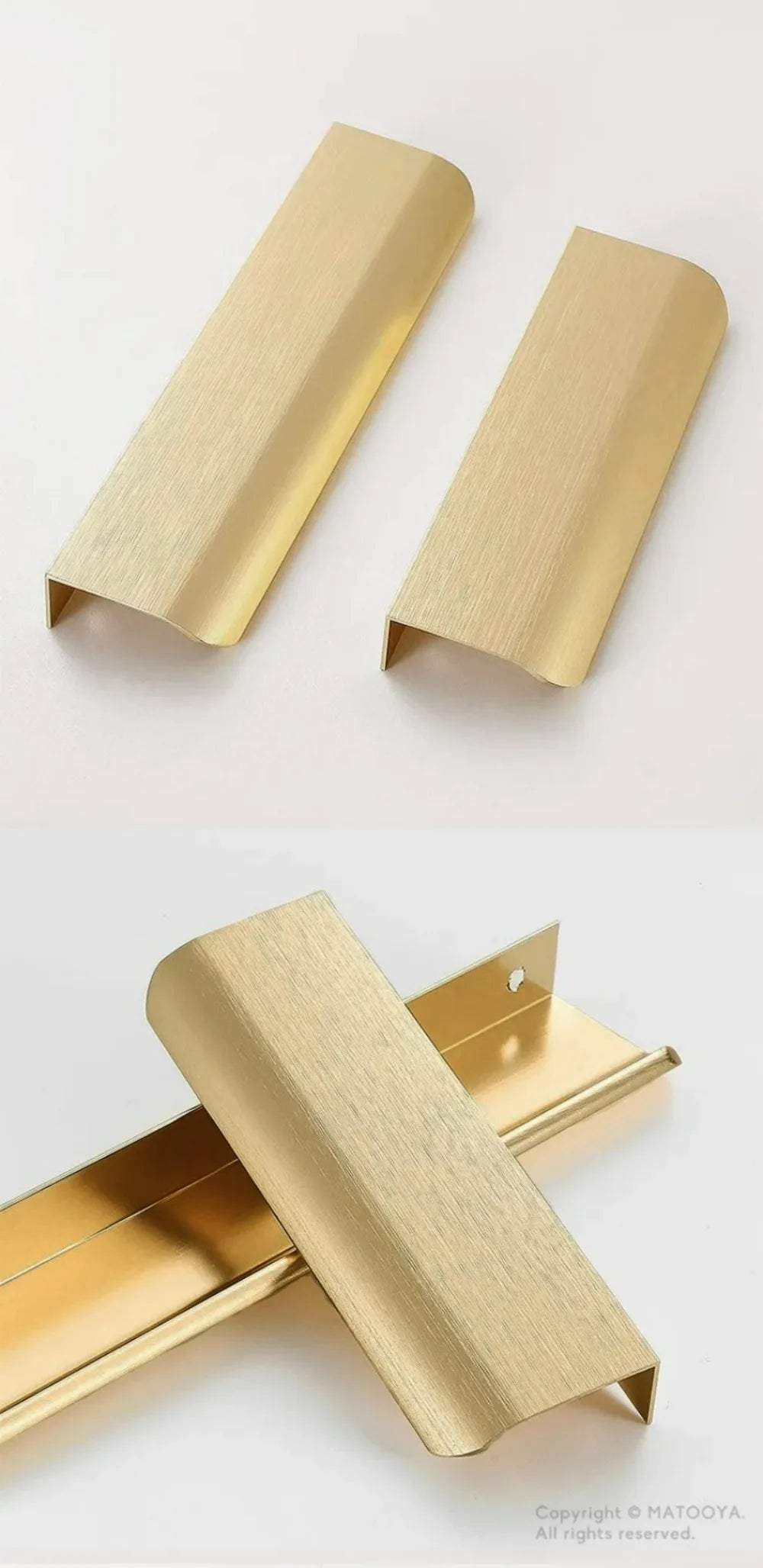 Four gold aluminium edge pulls on a white background.
