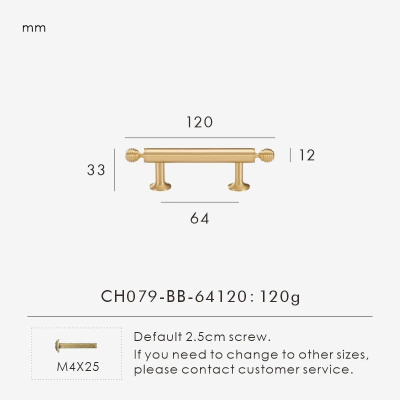 Measurement chart with a French luxury brass gold pull 120 mm long and dimensions on a white background. 