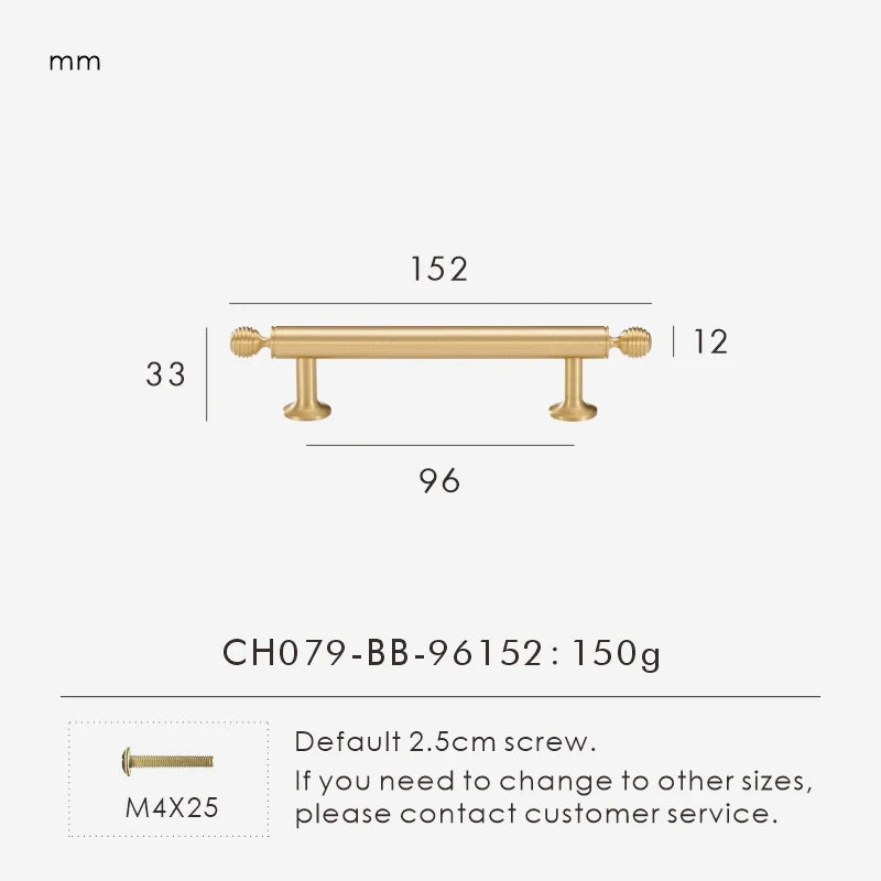 Measurement chart with a French luxury brass gold pull 152 mm long and dimensions on a white background. 