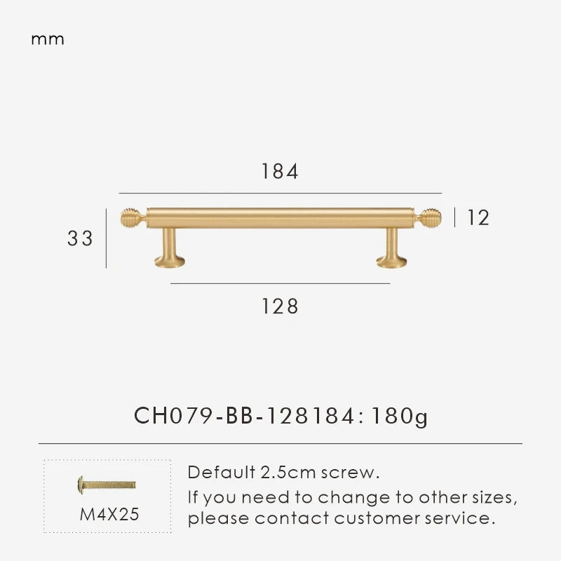 Measurement chart with a French luxury brass gold pull 184 mm long and dimensions on a white background. 