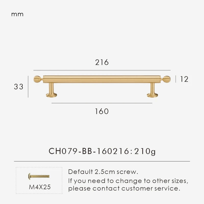 Measurement chart with a French luxury brass gold pull 216 mm long and dimensions on a white background. 