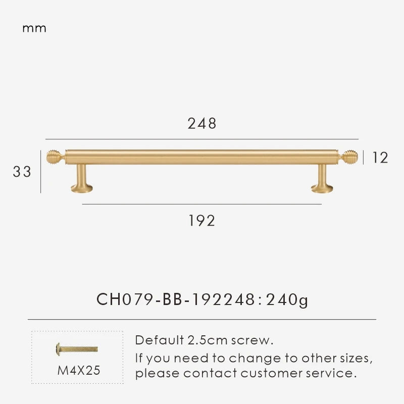Measurement chart with a French luxury brass gold pull 248 mm long and dimensions on a white background. 