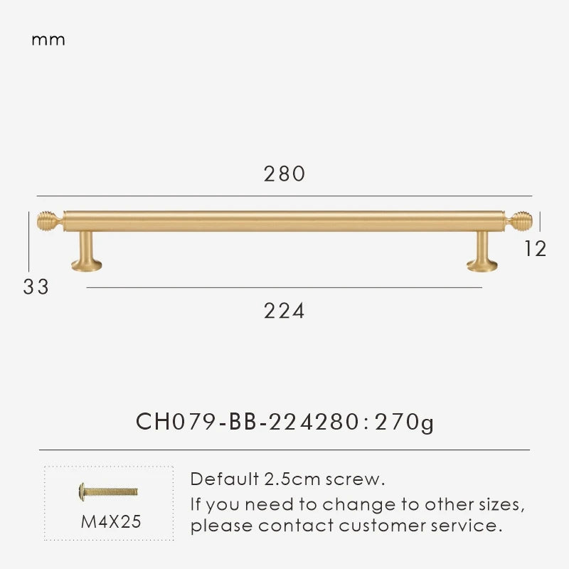 Measurement chart with a French luxury brass gold pull 280 mm long and dimensions on a white background. 