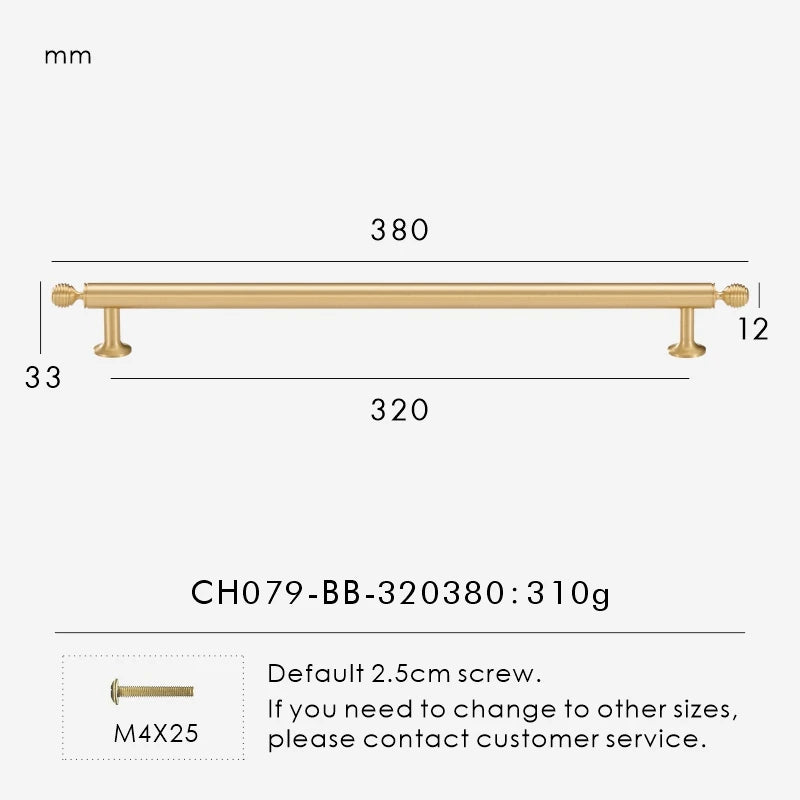 Measurement chart with a French luxury brass gold pull 380 mm long and dimensions on a white background. 